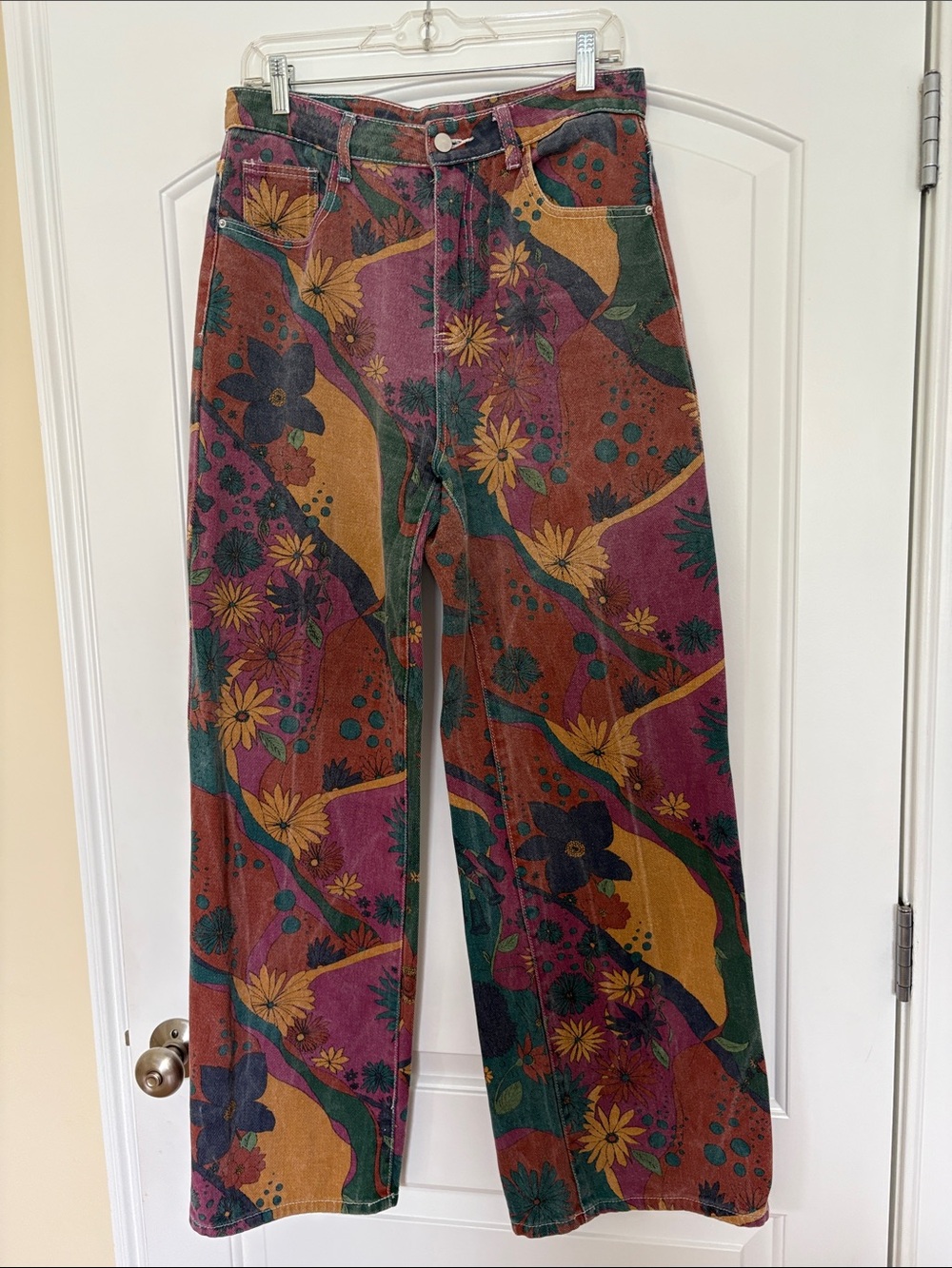 Vintage-Inspired Floral Wide Leg Jean Pants in Burgundy, Mustard, Green